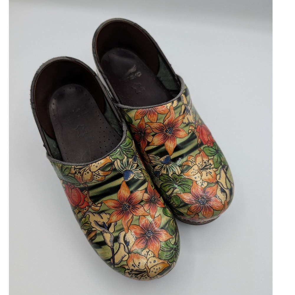Dansko Professional Floral Patent Leather Clogs Multi Color Nursing Shoes 39
